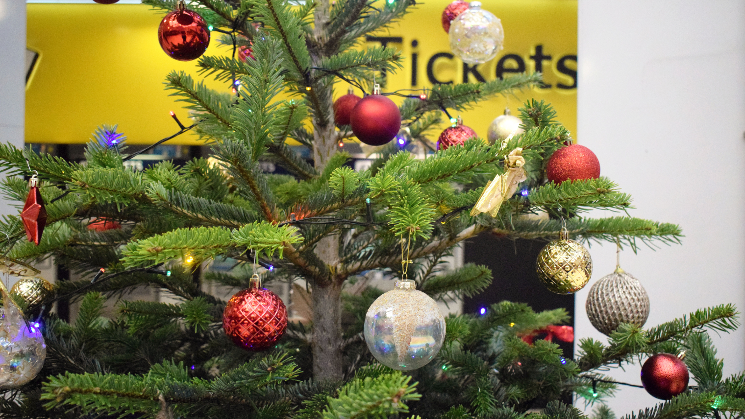 Christmas tree at Clapham Junction train station served by South Western Railway (SWR)