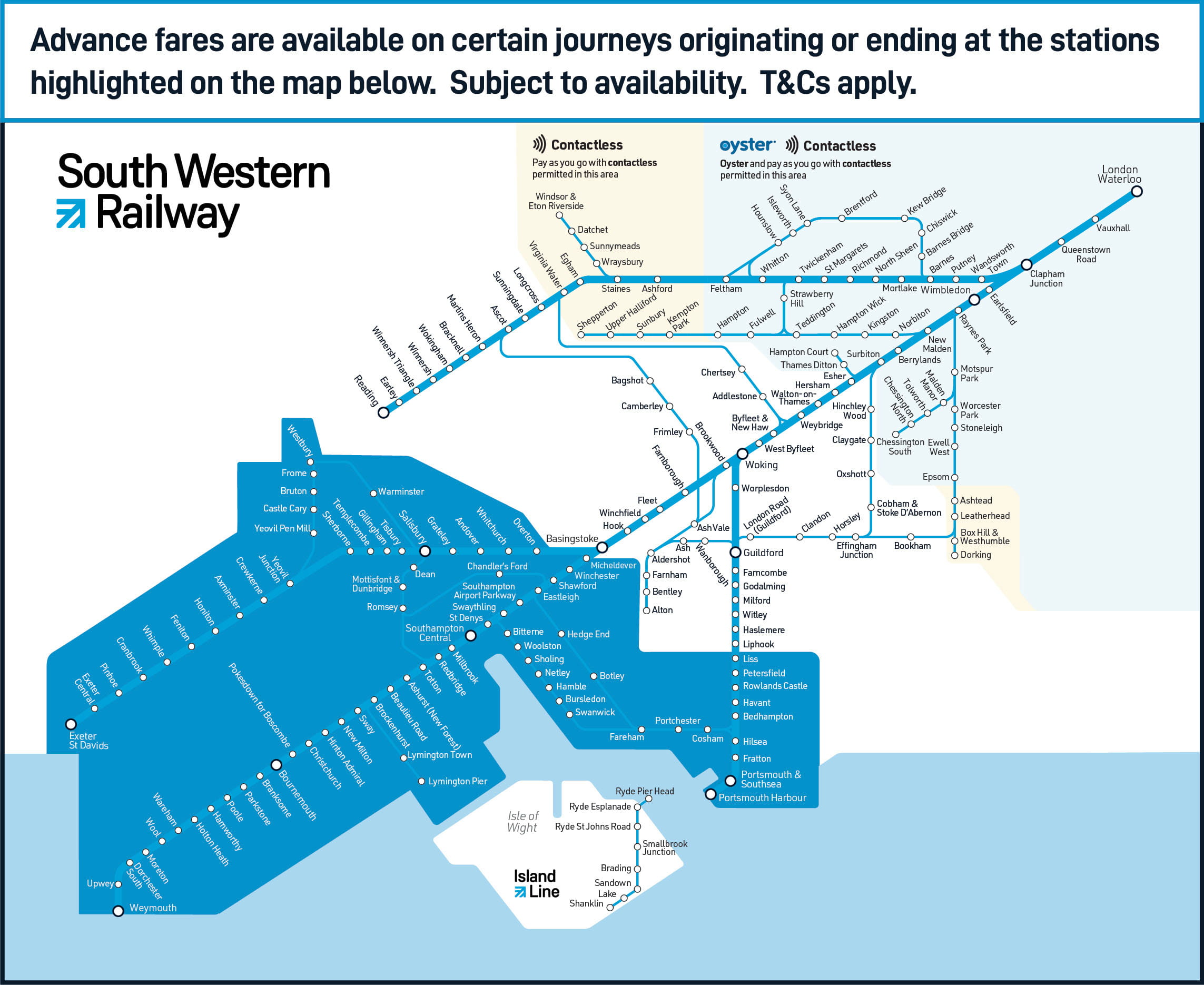 South Western Railway Advanced Fares network map