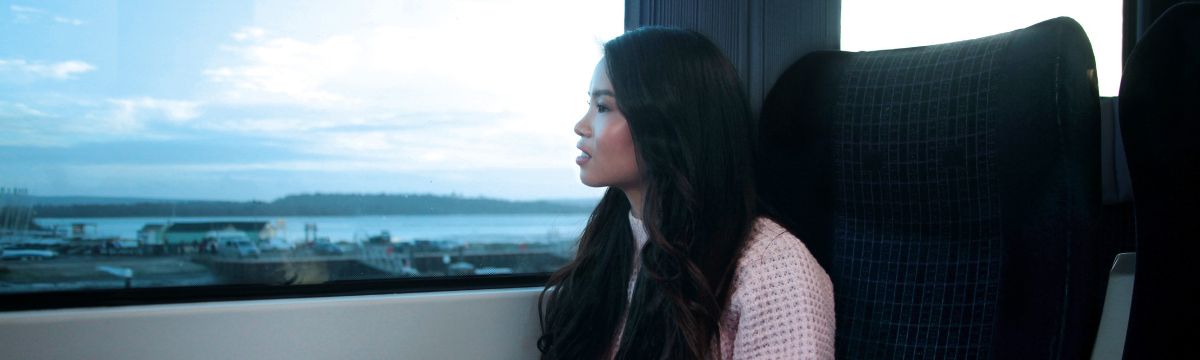 a customer enjoying the view out of a train window