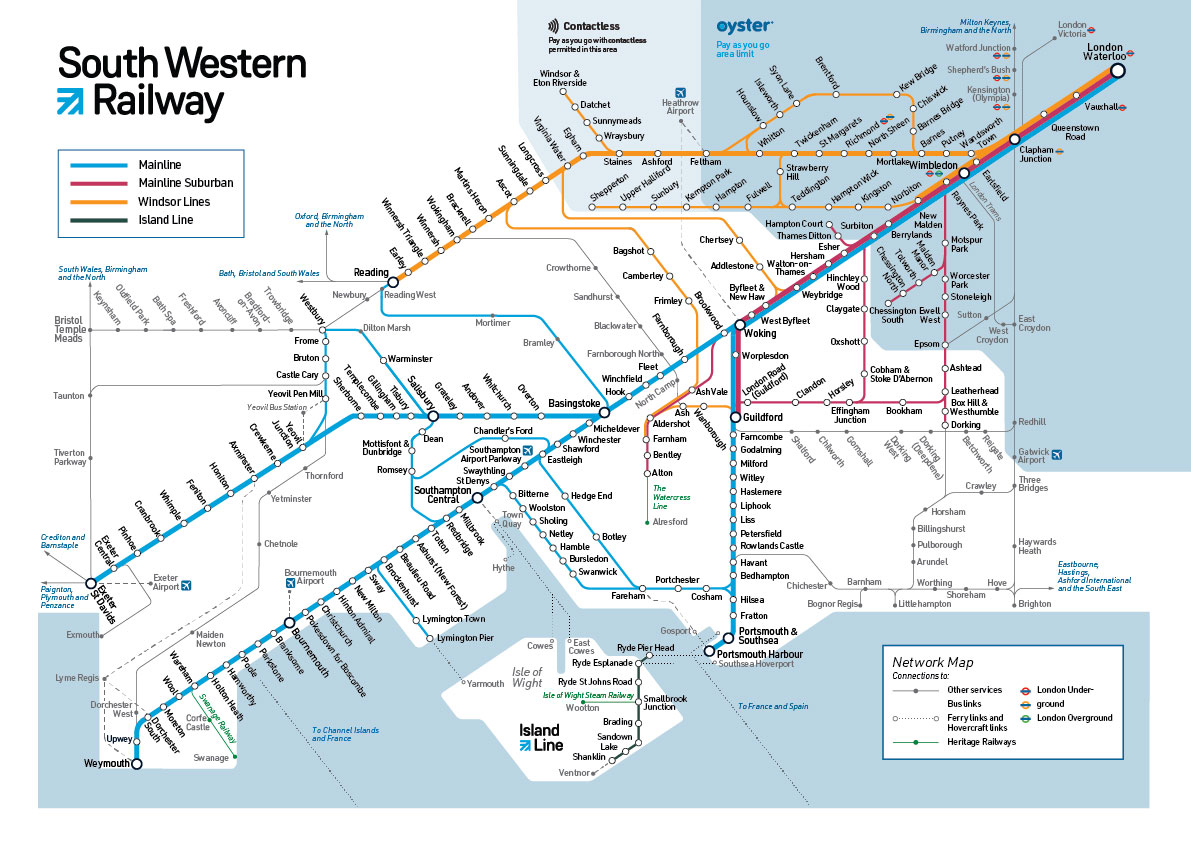 Map of the South Western Railway network with the performance figures lines