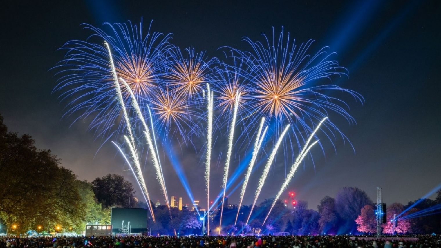 Fireworks display with a large crowd watching