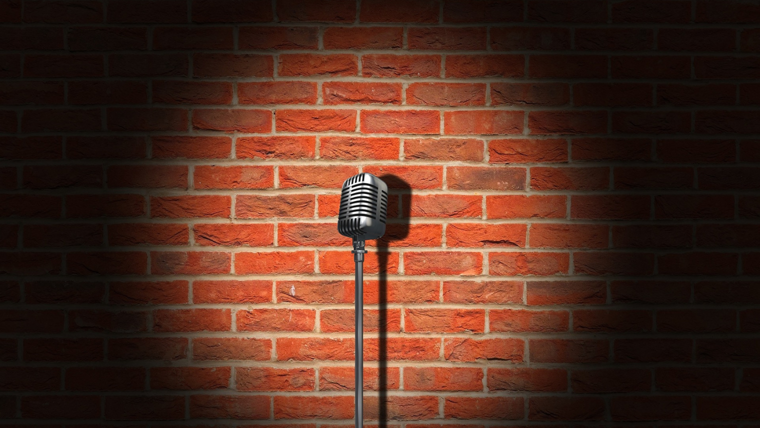 A microphone in front of a brick wall 