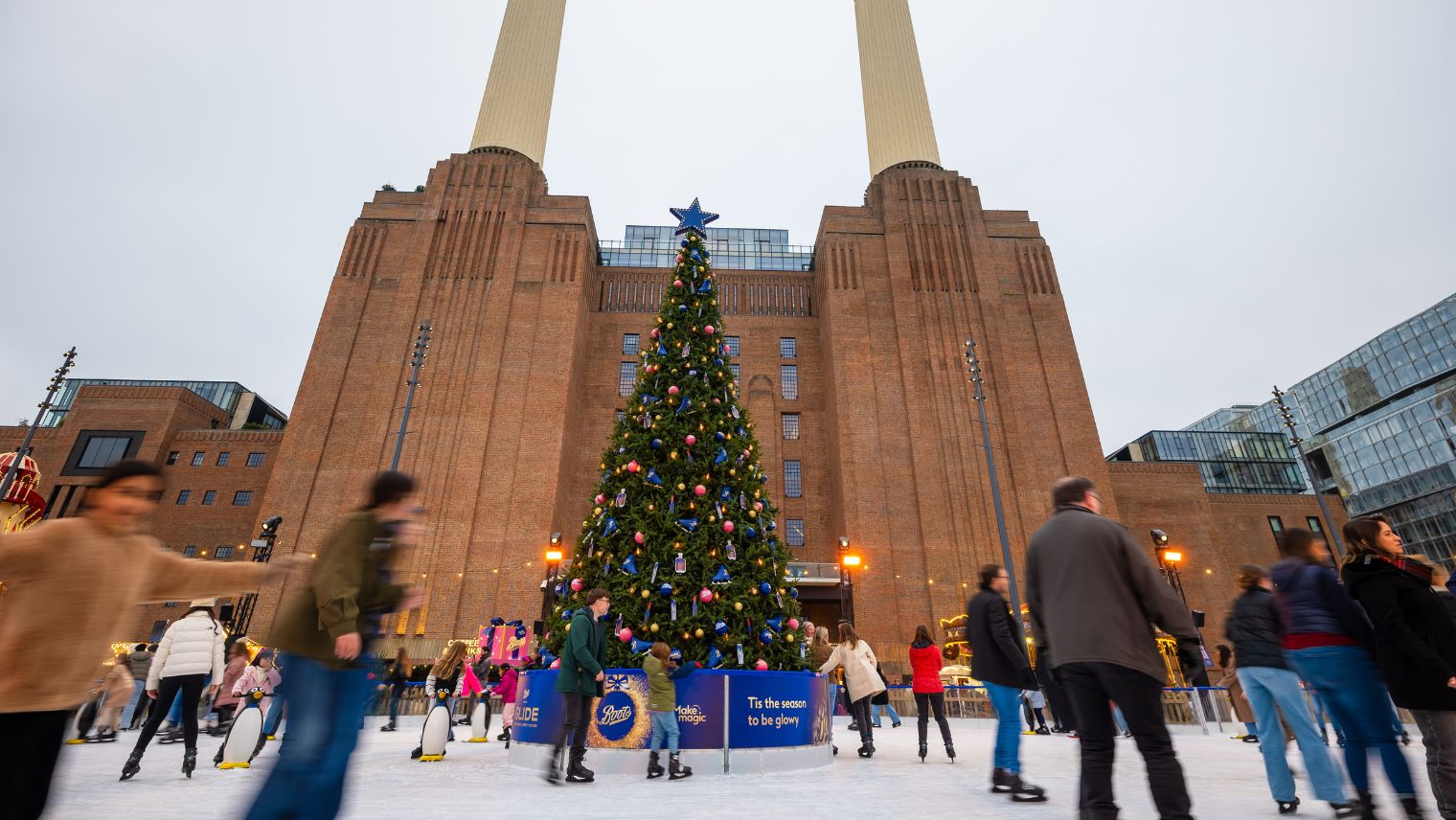 Battersea Power Station Ice Rink with towers behind