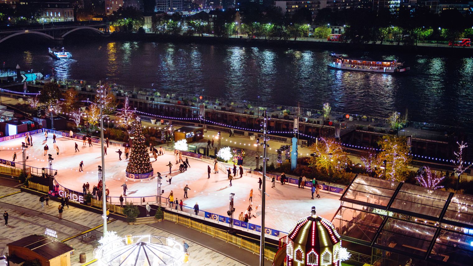 Glide Ice rink at Battersea Power Station ariel shot