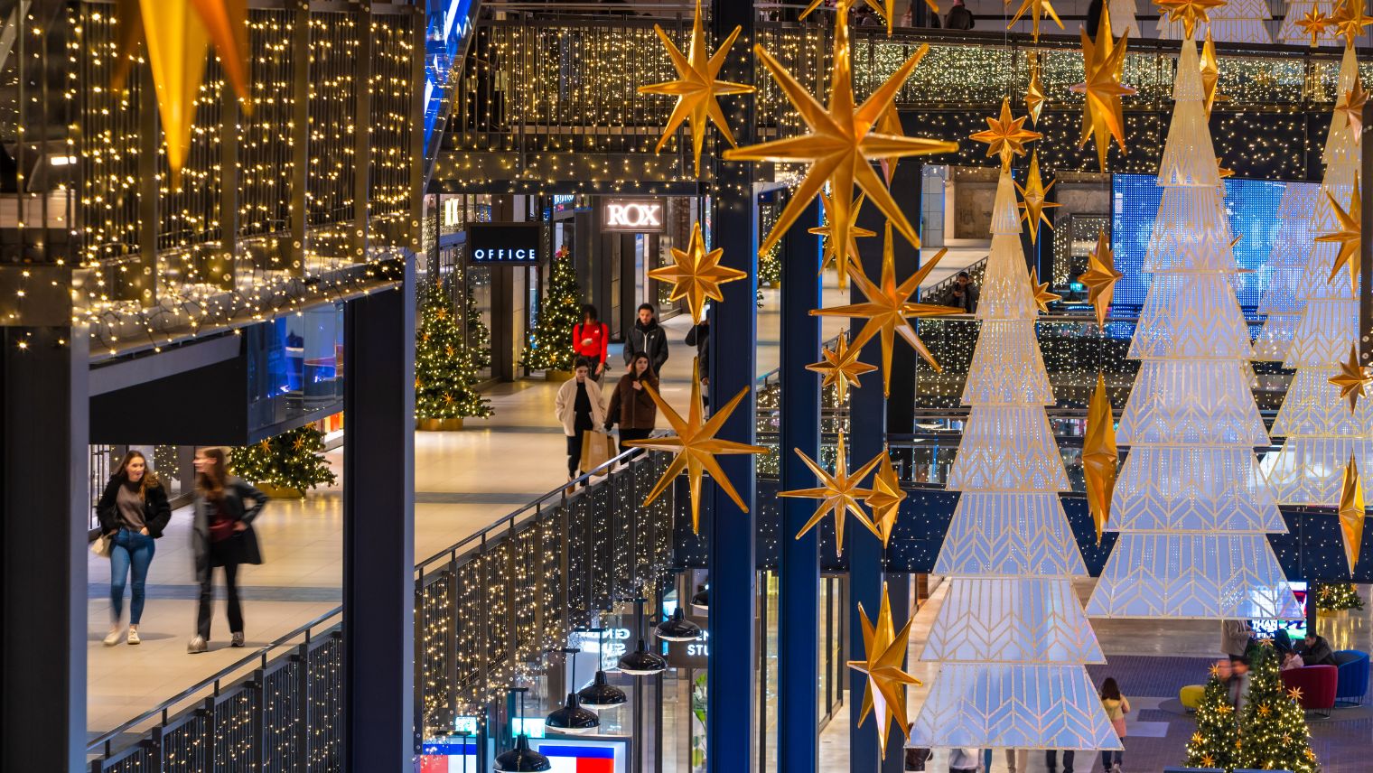 Interior of shopping arcade with Xmas decorations