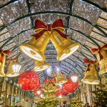 Bells and decorations hang from the roof of Covent Garden