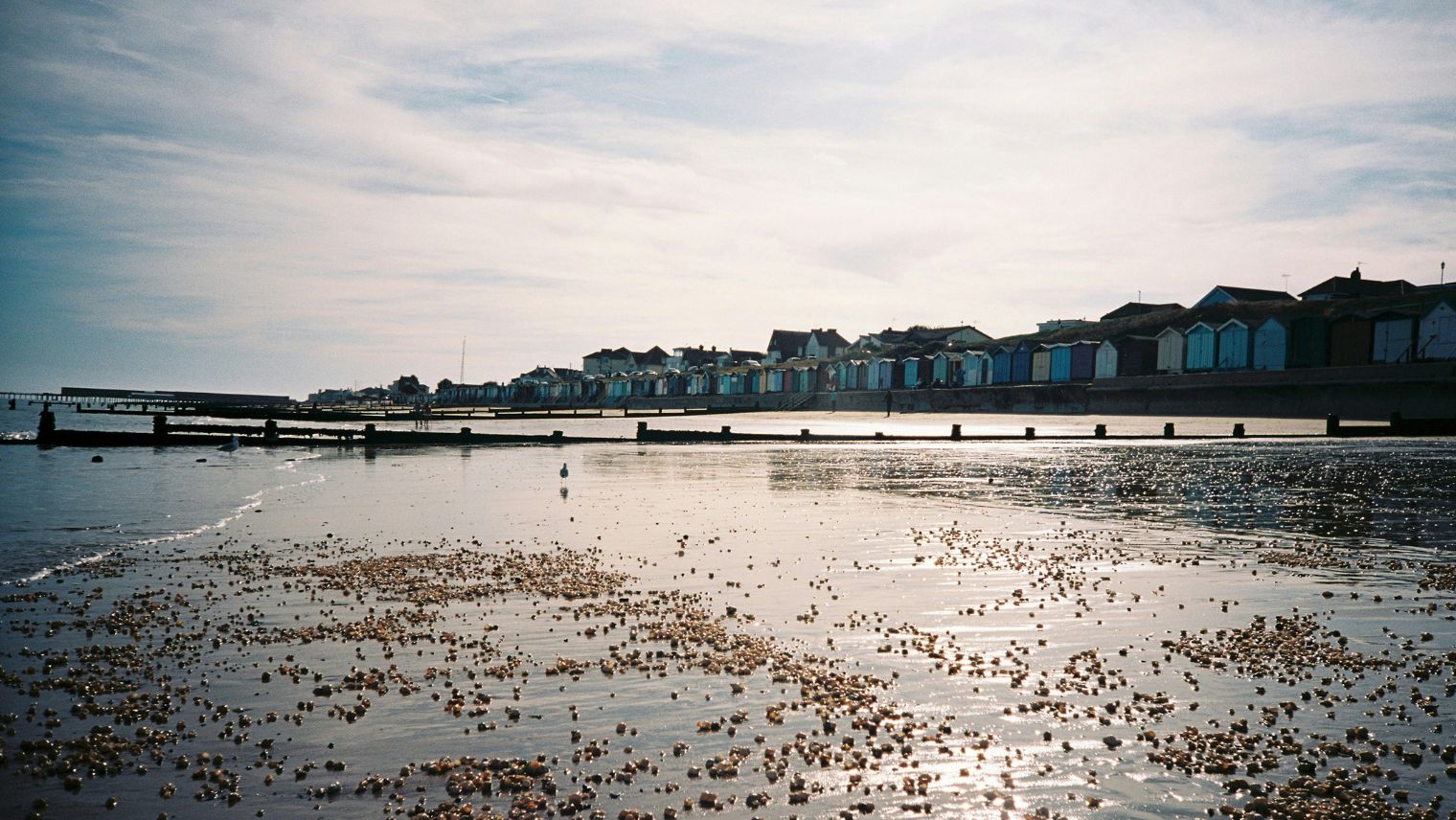 Walton on the Naze beach from the sea looking towards beach huts