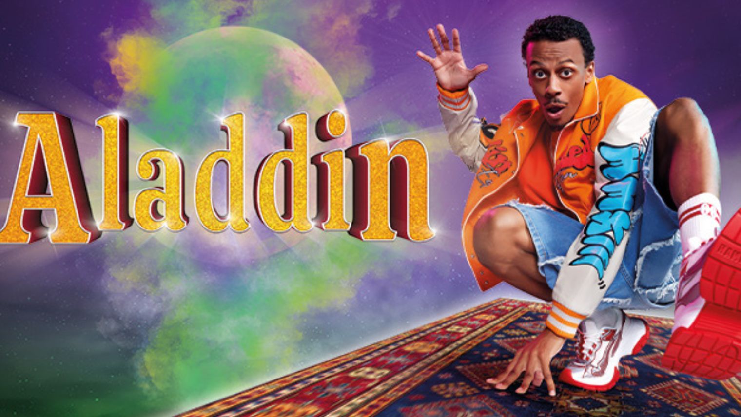 Promotional image of a modern day Alladin riding a carpet