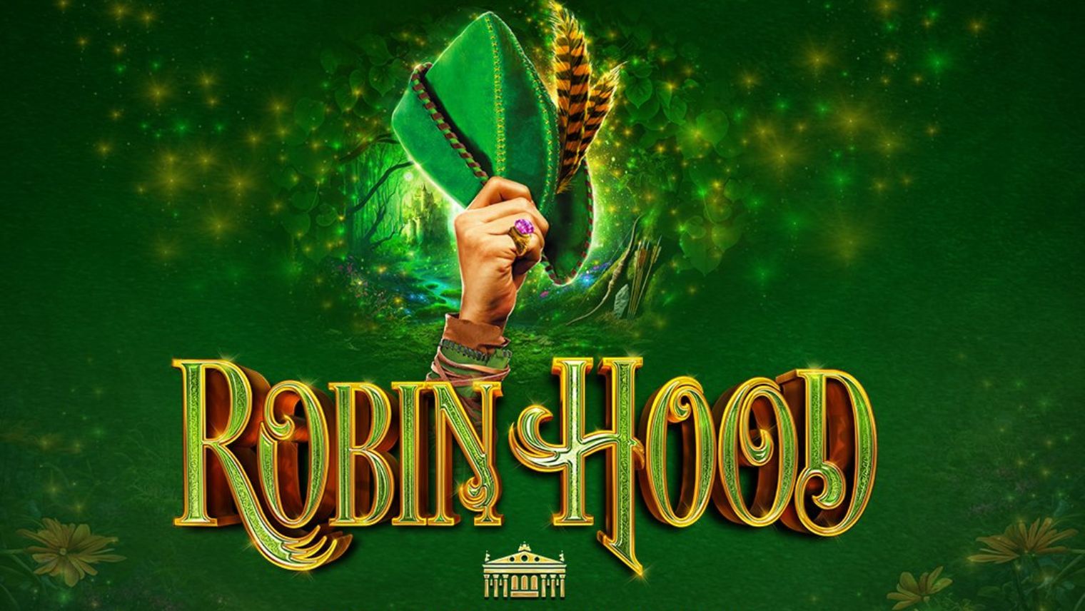 Promotional image of Robin hood with a hat and green background