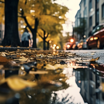 Leaves on the streets and the sky is reflected in the water