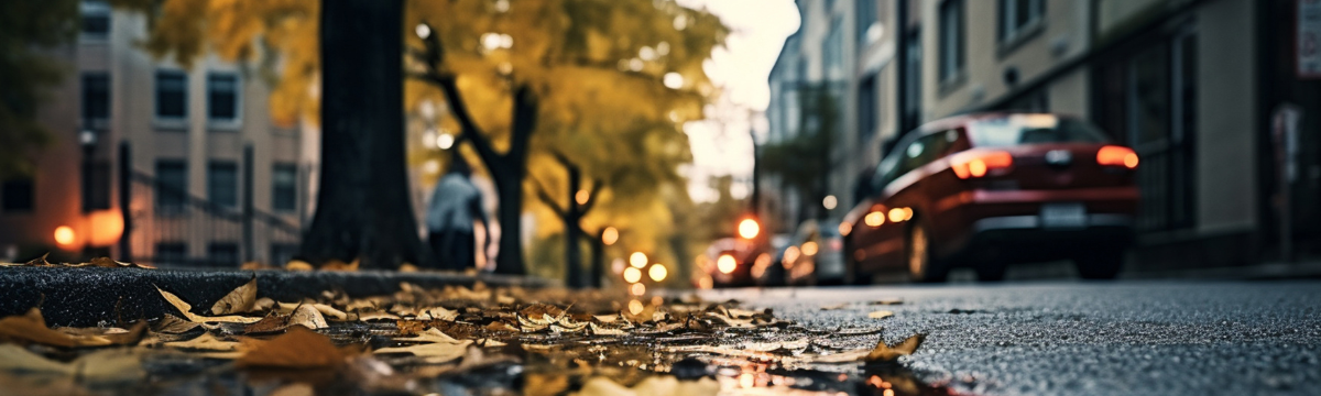 Leaves on the streets and the sky is reflected in the water