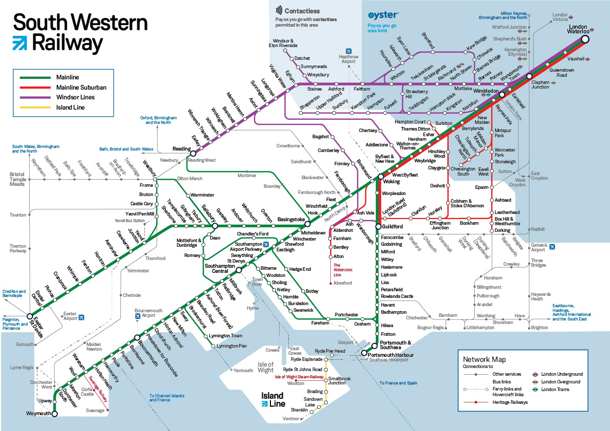 Map of the South Western Railway network with the performance figures lines